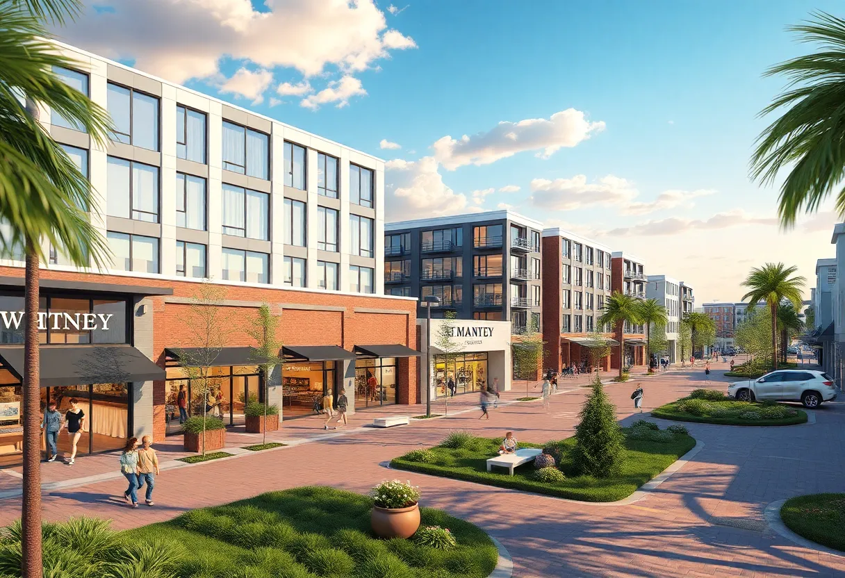 Proposed rendering of Whitney Village in St. Petersburg featuring apartments and commercial spaces.