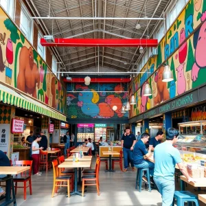 Interior view of Central Park Food Hall featuring diverse food stalls and vibrant design