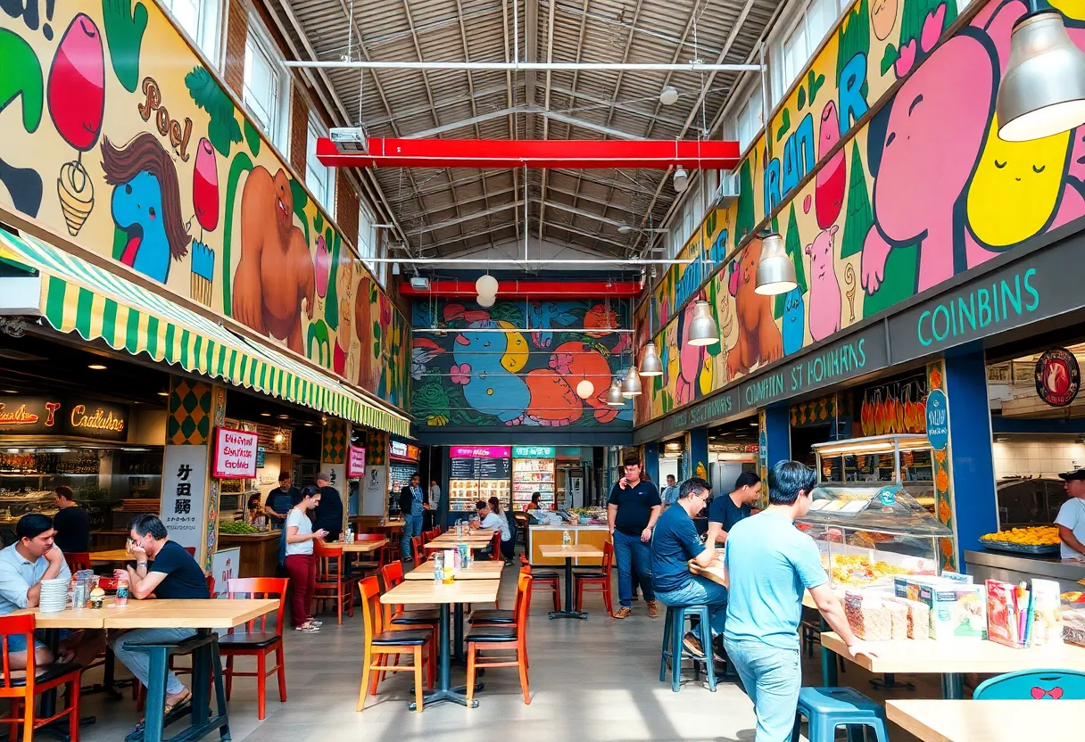 Interior view of Central Park Food Hall featuring diverse food stalls and vibrant design