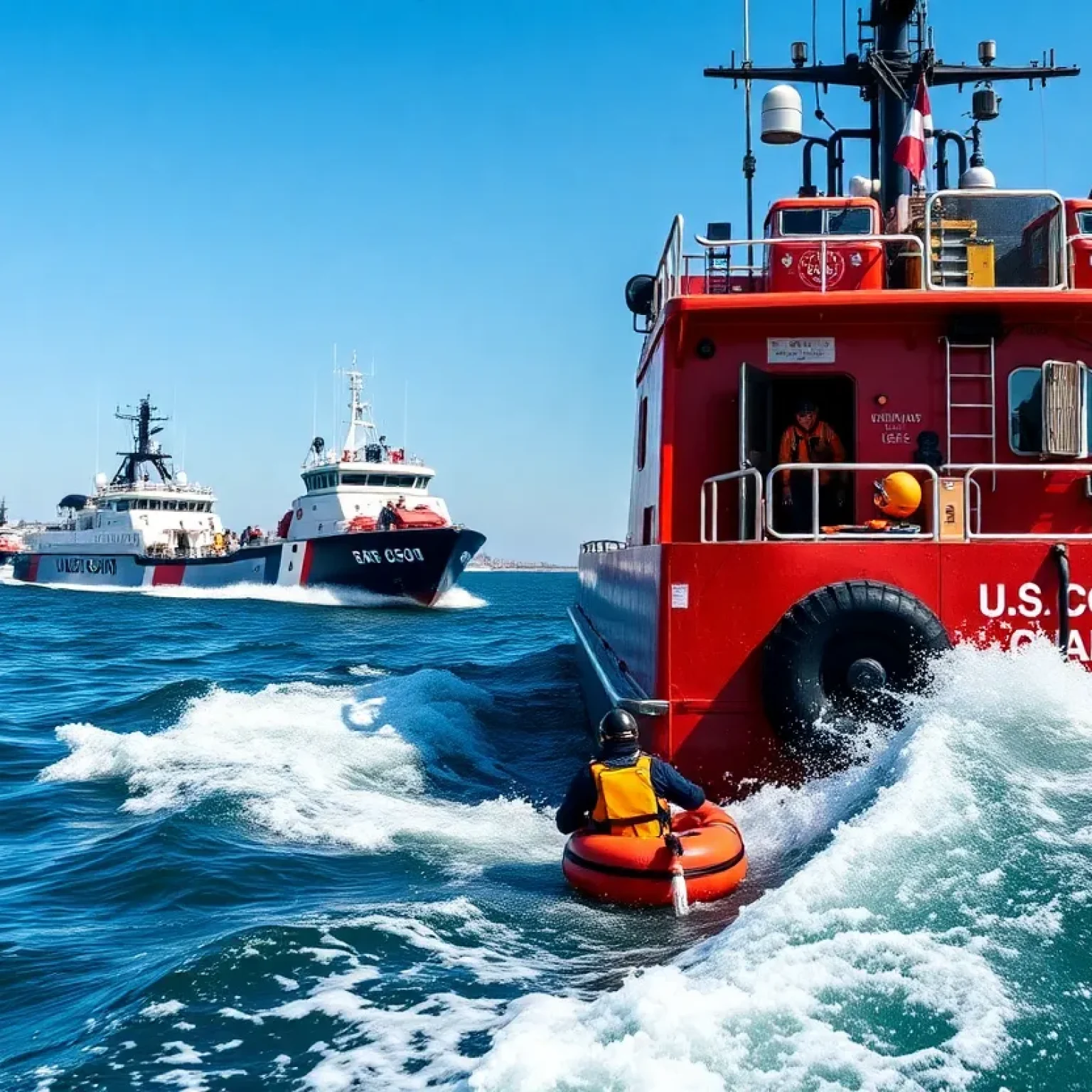 U.S. Coast Guard rescuing individuals from water near a harbor