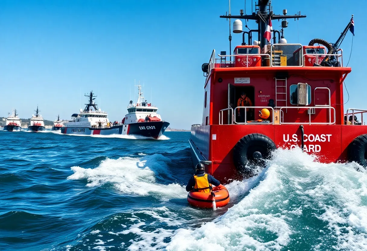 U.S. Coast Guard rescuing individuals from water near a harbor