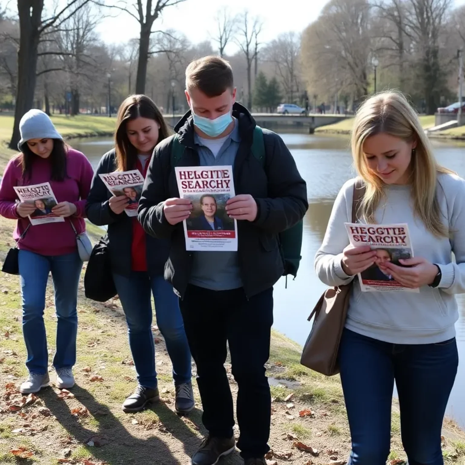 Volunteers searching for a missing teenager in a park setting