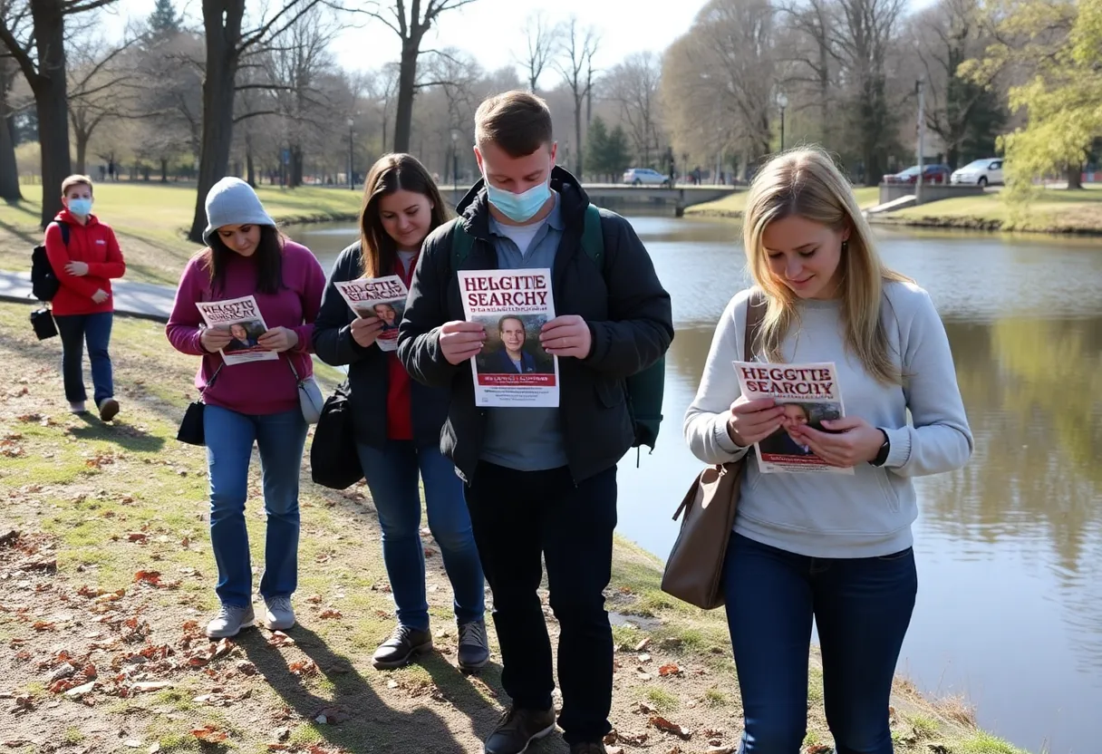 Volunteers searching for a missing teenager in a park setting