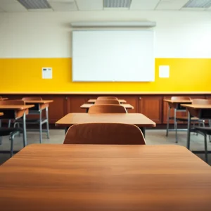 Empty school desks to represent a tragic event