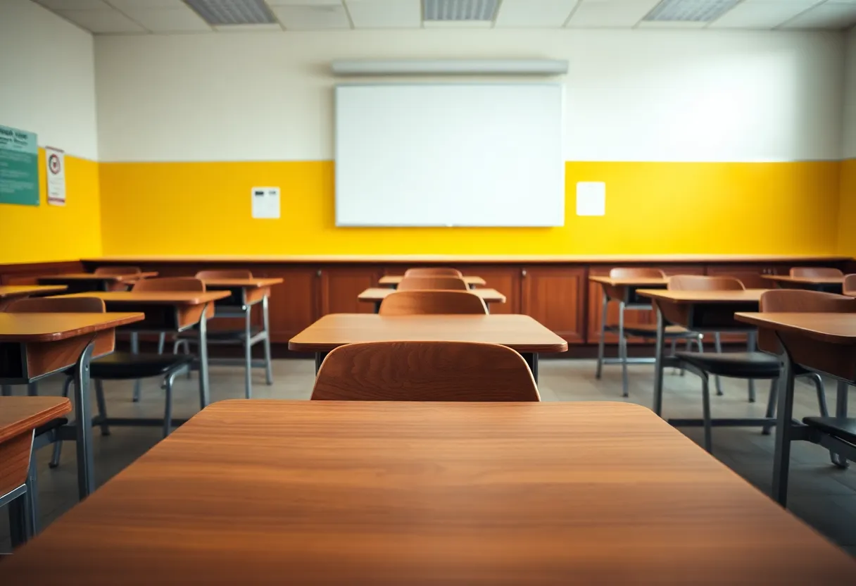 Empty school desks to represent a tragic event