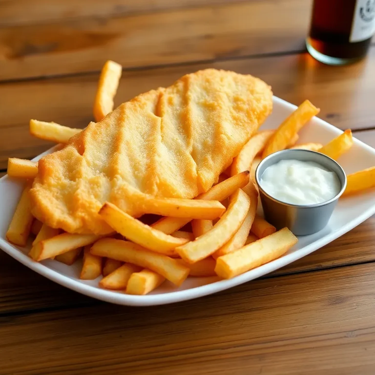 A plate of traditional fish and chips served with tartar sauce.