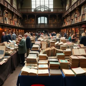 Vendors and attendees at the Florida Antiquarian Book Fair showcasing rare books and collectibles.