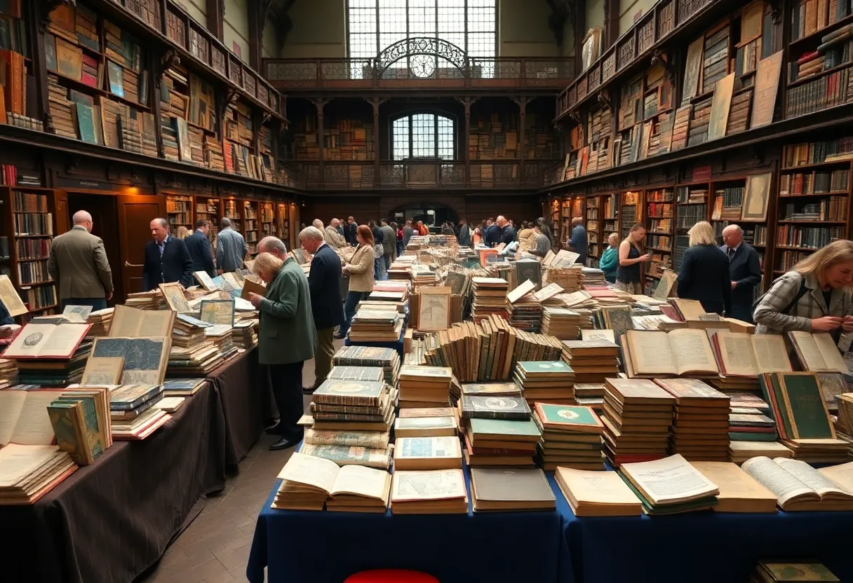 Vendors and attendees at the Florida Antiquarian Book Fair showcasing rare books and collectibles.