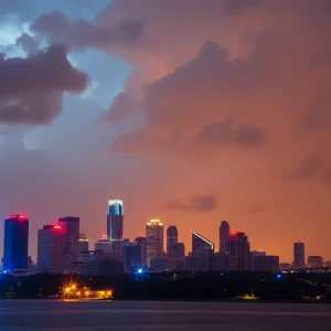 An image depicting a Florida city skyline with police lights indicating a crime scene.