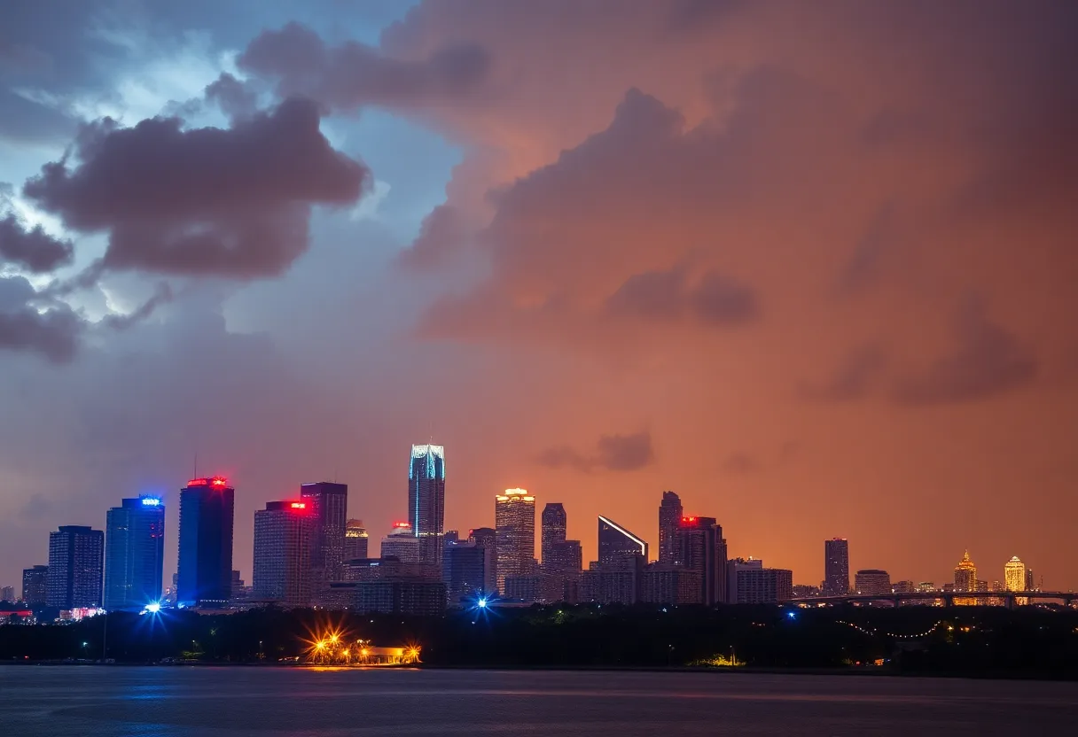 An image depicting a Florida city skyline with police lights indicating a crime scene.