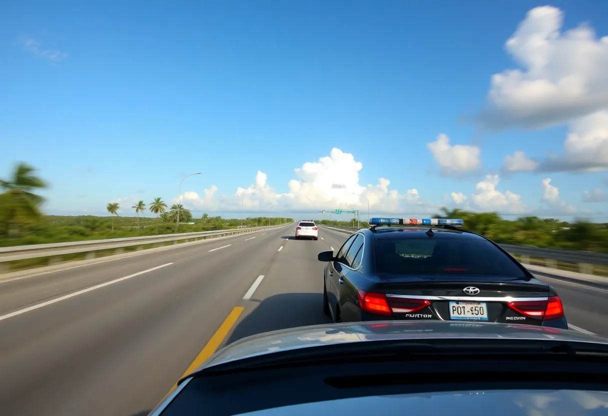 A police vehicle responding to a high-speed chase on a highway in the Florida Keys.