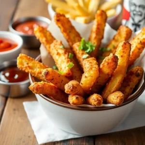 Crispy KFC potato wedges served on a wooden table with dips