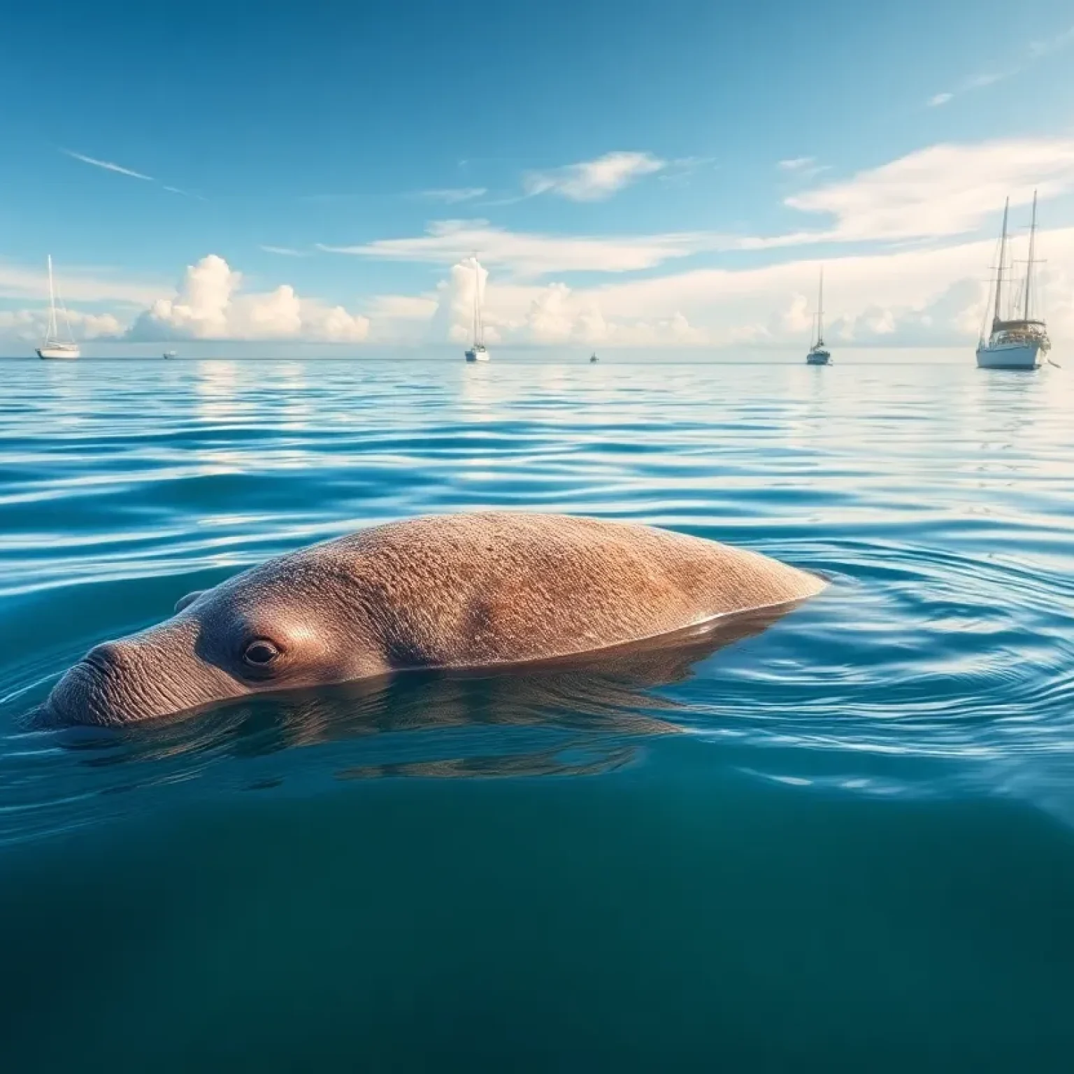 A manatee in distress swimming in a harbor as part of a rescue effort