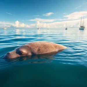 A manatee in distress swimming in a harbor as part of a rescue effort