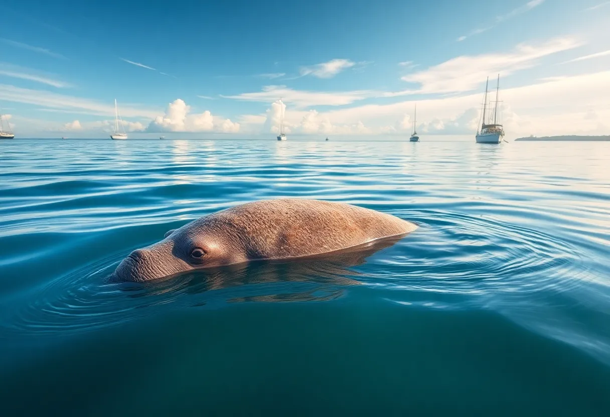 A manatee in distress swimming in a harbor as part of a rescue effort