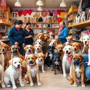 A puppy store showcasing various breeds of puppies being played with by customers.