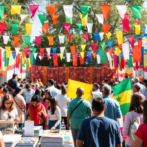 Community gathering at St. Pete Pride events with flags and art supplies