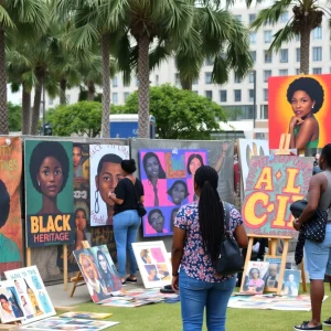 Vibrant outdoor art scene featuring diverse artworks celebrating Black heritage in St. Petersburg.