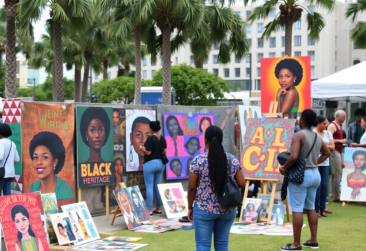 Vibrant outdoor art scene featuring diverse artworks celebrating Black heritage in St. Petersburg.