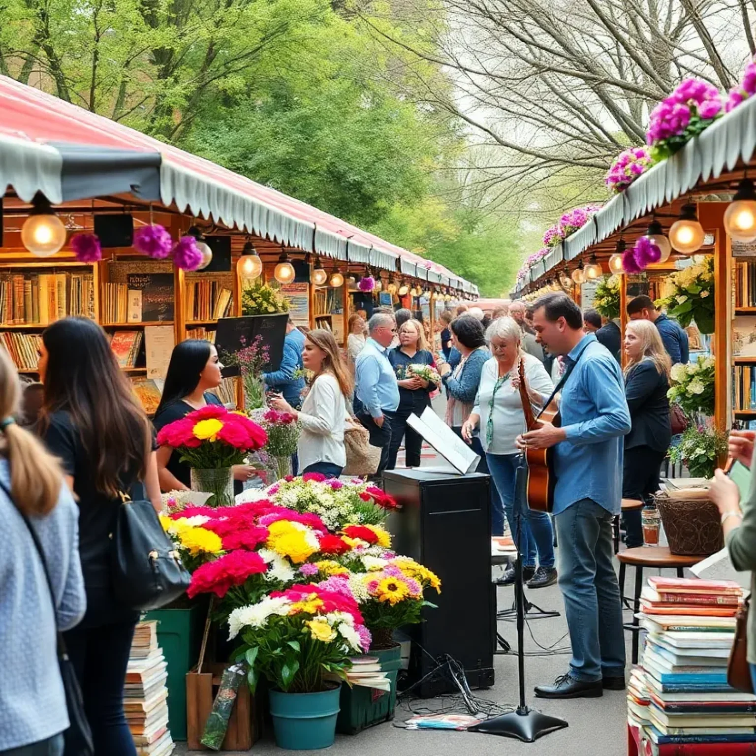 A lively book fair in St. Petersburg with flowers and jazz music.