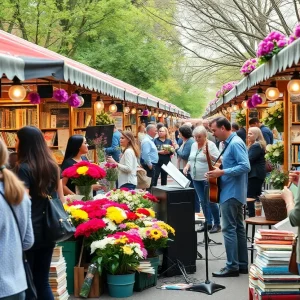 A lively book fair in St. Petersburg with flowers and jazz music.