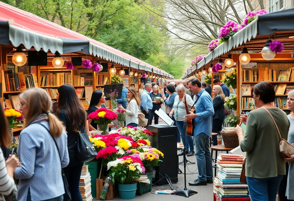 A lively book fair in St. Petersburg with flowers and jazz music.