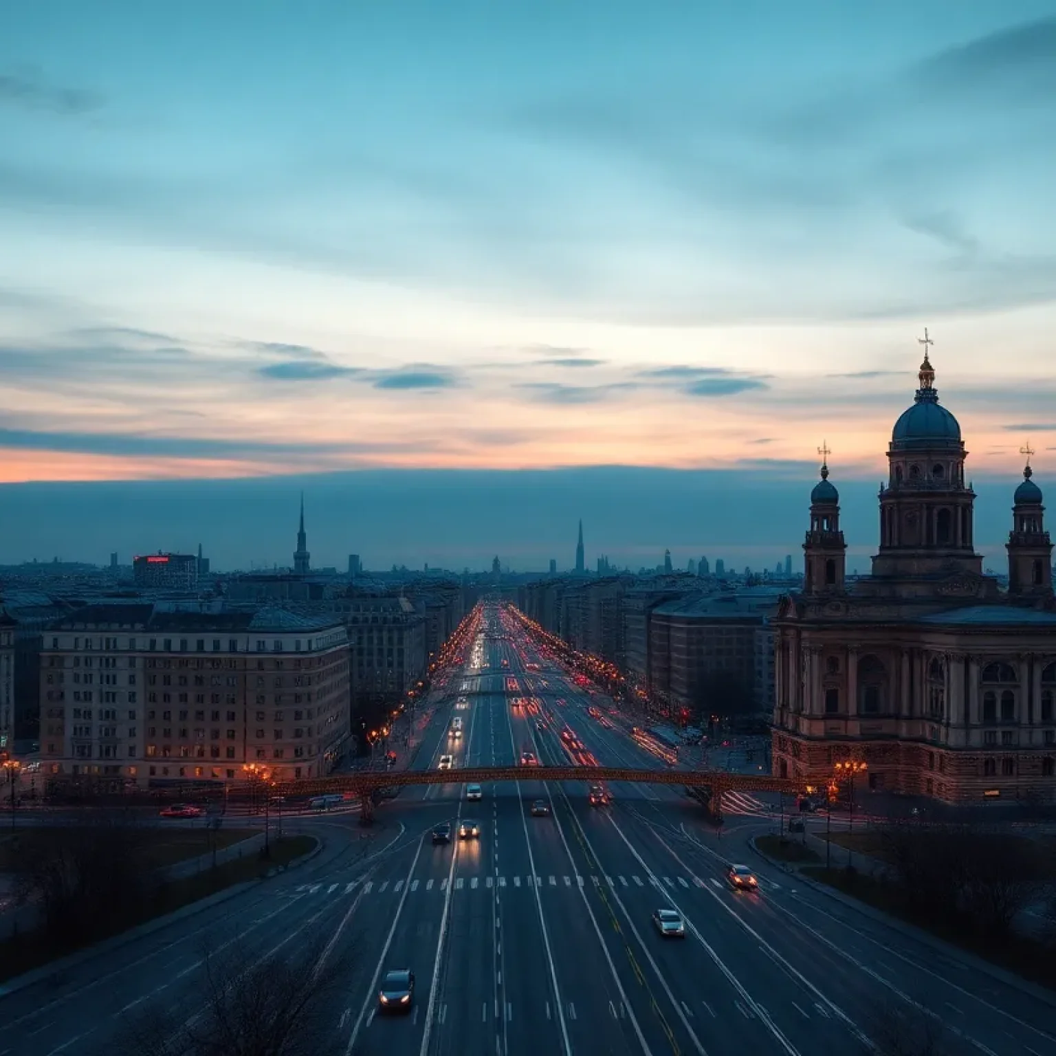 A somber view of St. Petersburg cityscape at dusk.