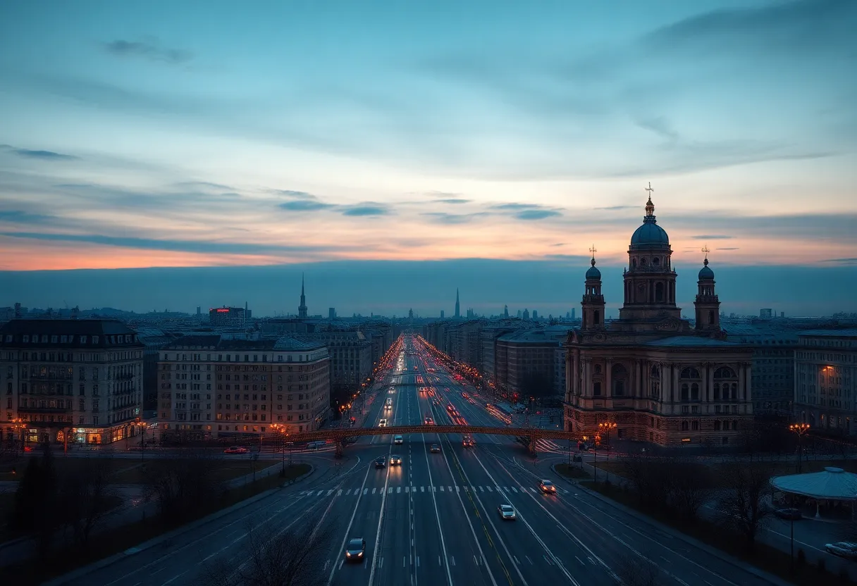 A somber view of St. Petersburg cityscape at dusk.