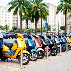 Colorful electric scooters parked in a designated corral in St. Petersburg.