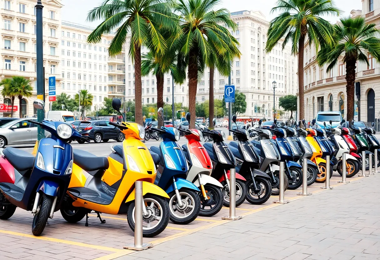 Colorful electric scooters parked in a designated corral in St. Petersburg.