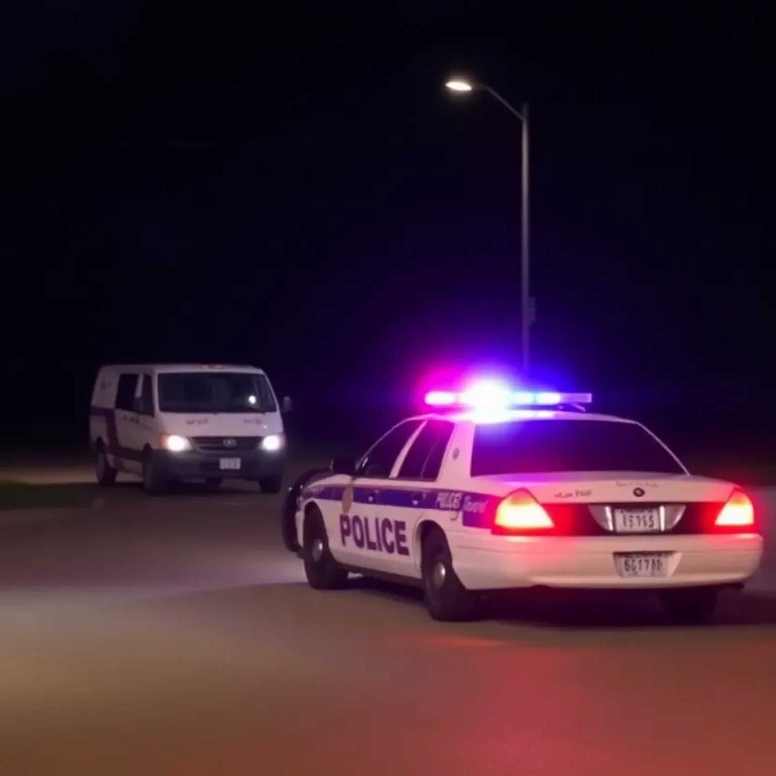 Police car with flashing lights responding to a shooting incident on a quiet suburban street.