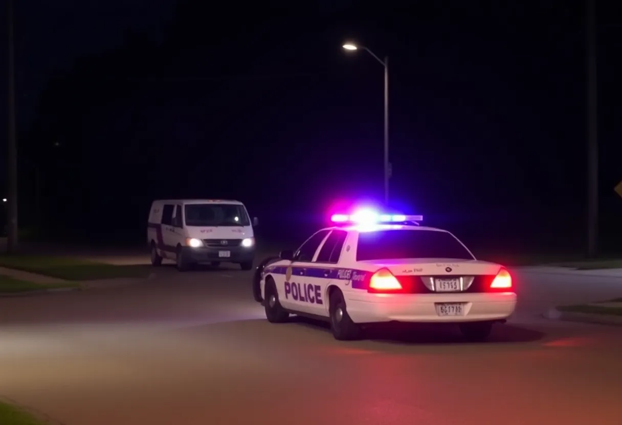 Police car with flashing lights responding to a shooting incident on a quiet suburban street.