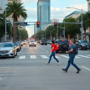 Pedestrians crossing a road in St. Petersburg, Florida.