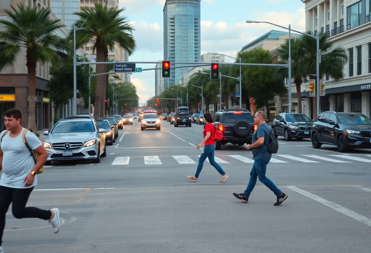 Pedestrians crossing a road in St. Petersburg, Florida.