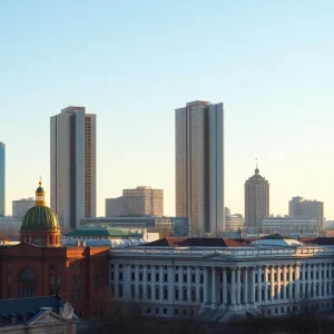 Panoramic view of St. Petersburg skyline with modern apartment buildings and historic structures.