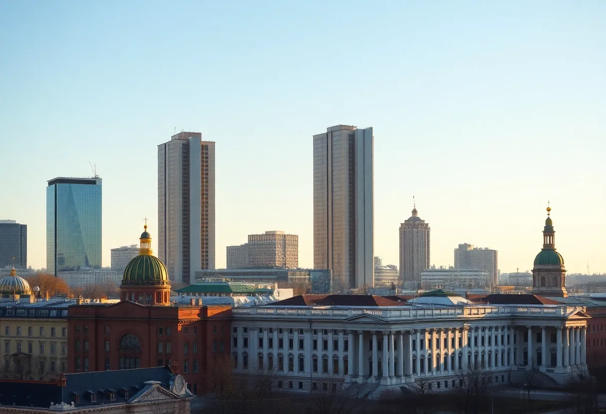 Panoramic view of St. Petersburg skyline with modern apartment buildings and historic structures.