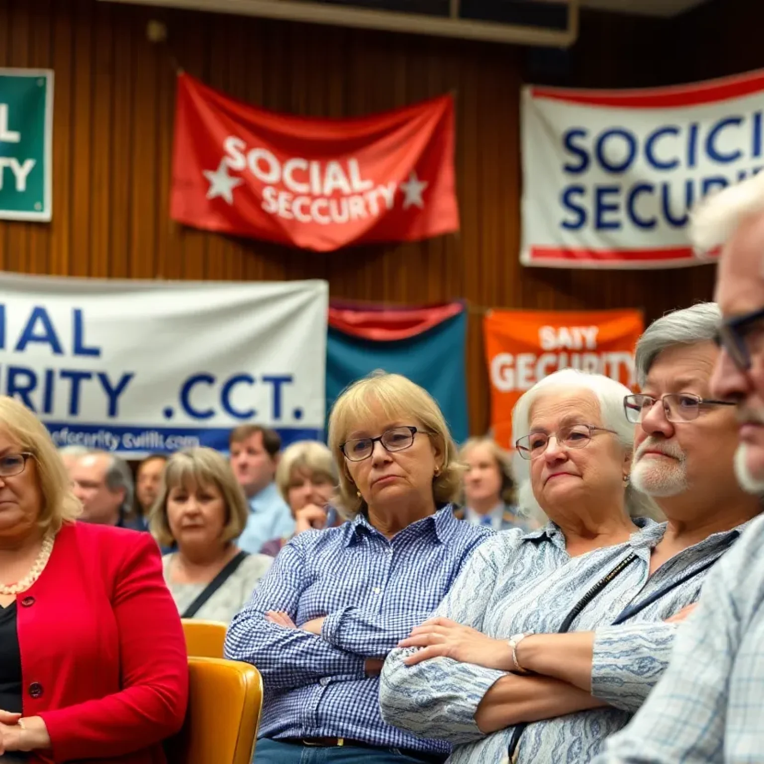 Attendees discussing Social Security at a town hall meeting in St. Petersburg.