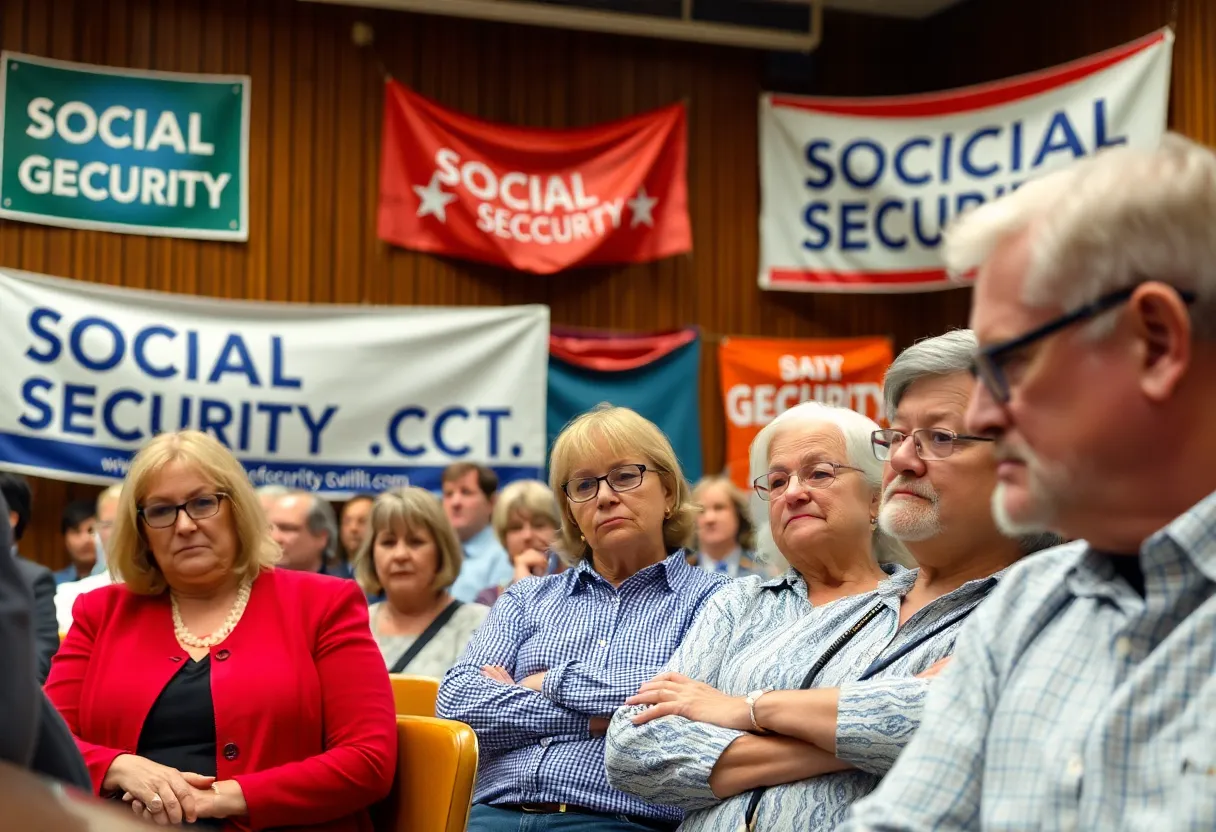 Attendees discussing Social Security at a town hall meeting in St. Petersburg.