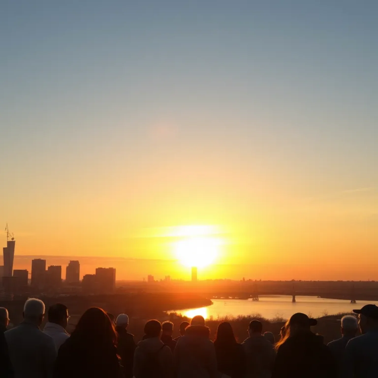 A sunrise over St. Petersburg with residents engaging in community discussion for recovery.