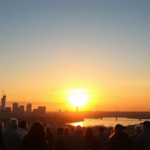 A sunrise over St. Petersburg with residents engaging in community discussion for recovery.