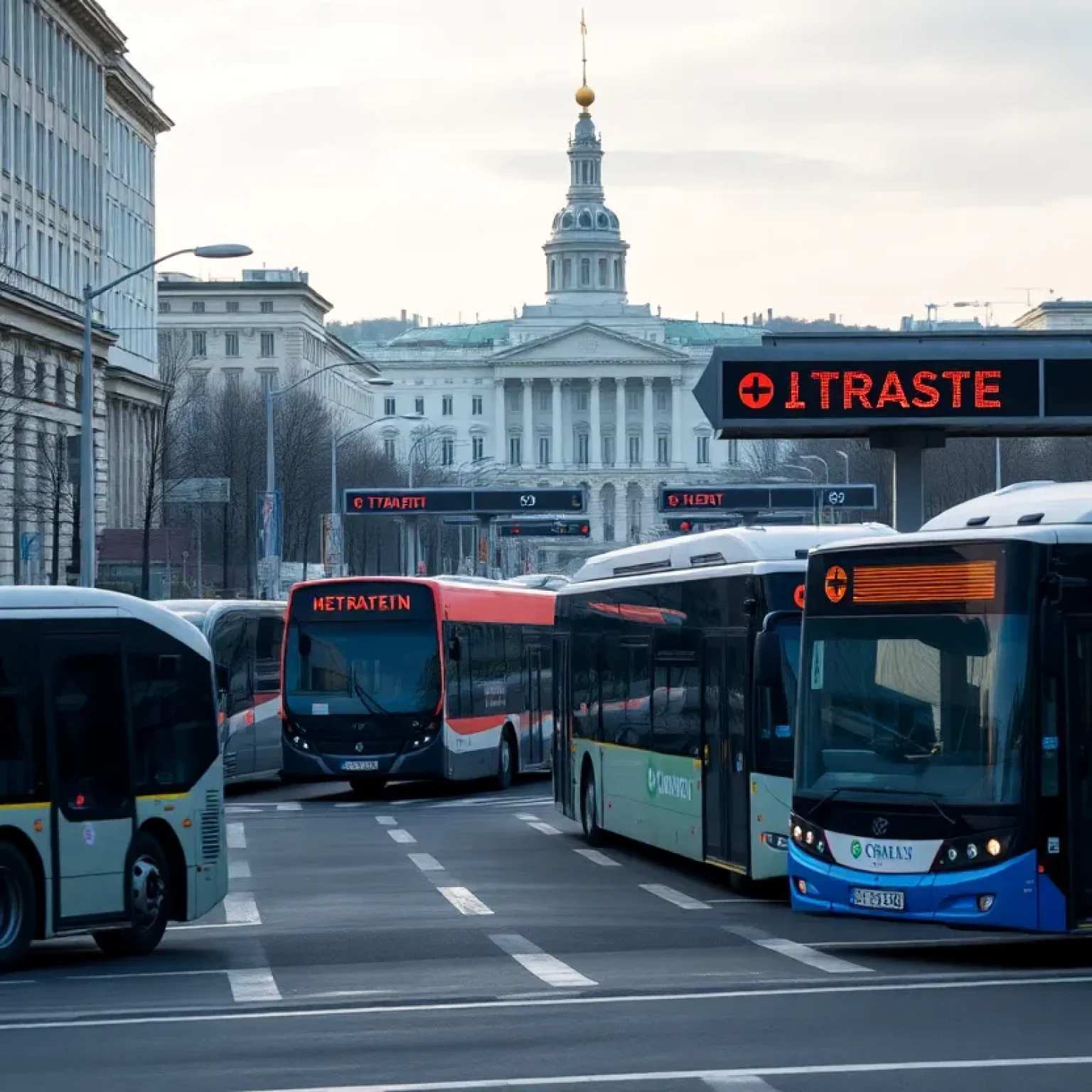 Modern buses in St. Petersburg cityscape.