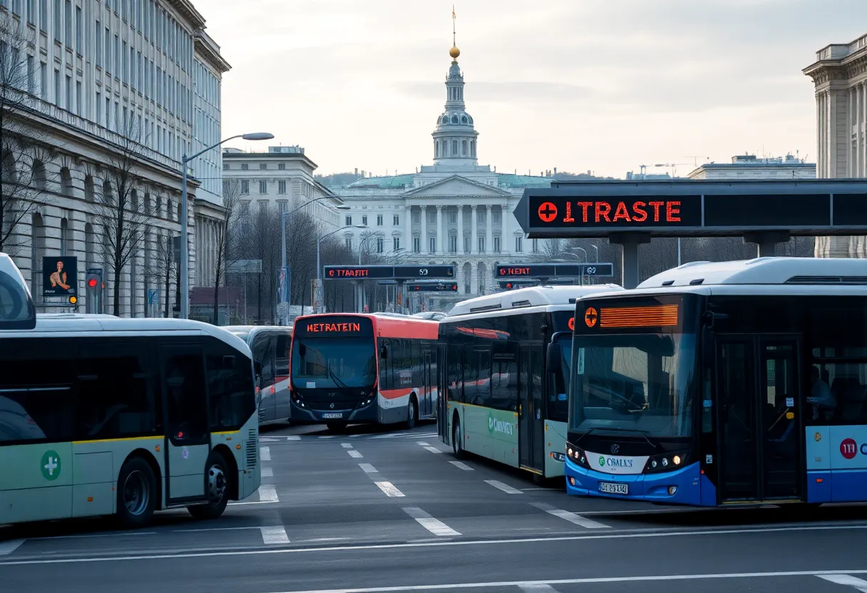 Modern buses in St. Petersburg cityscape.