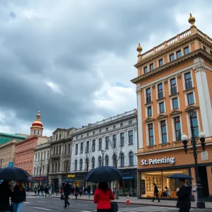 St. Petersburg cityscape under cloudy skies with new businesses.