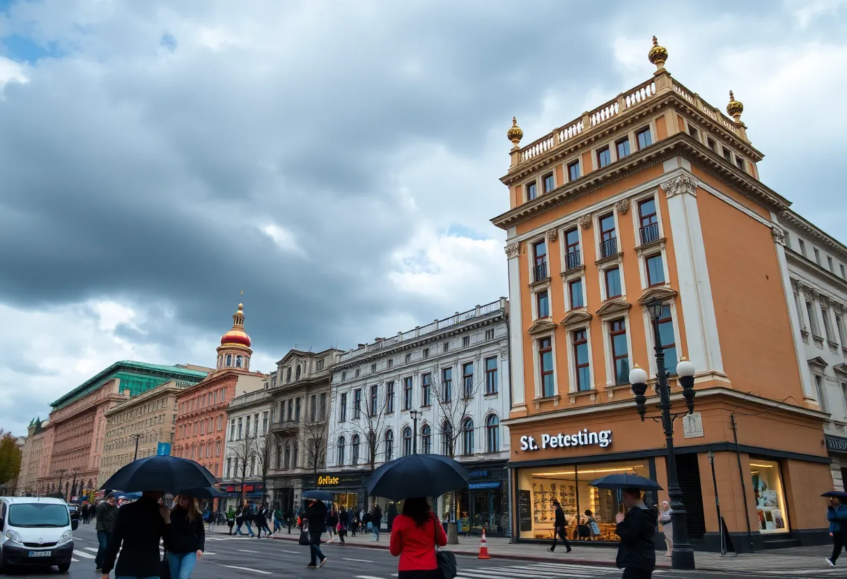 St. Petersburg cityscape under cloudy skies with new businesses.