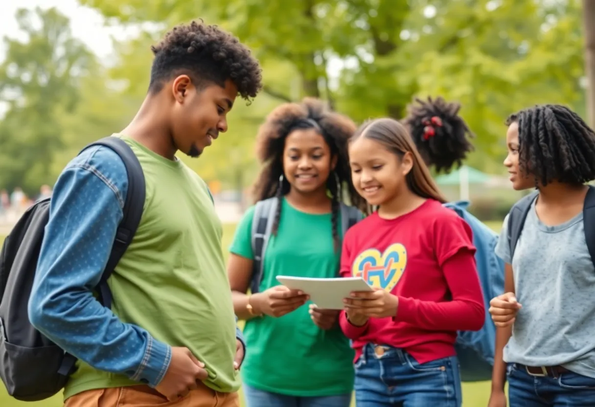 Diverse teenagers engaging in a community resource event at St. Petersburg