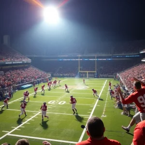 USF Bulls football team playing against Rice Owls in a crowded stadium.