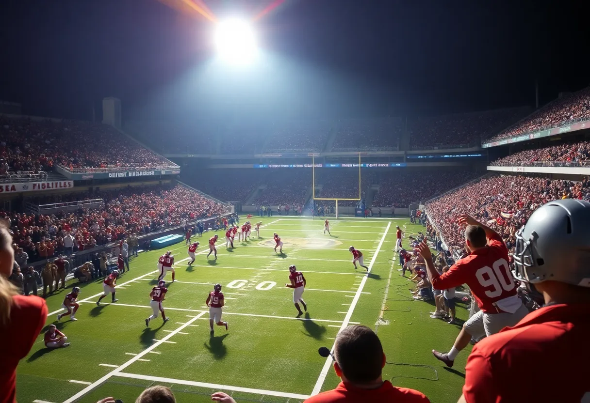 USF Bulls football team playing against Rice Owls in a crowded stadium.