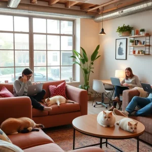 Interior of Whiskers Workplace featuring cats and people working together