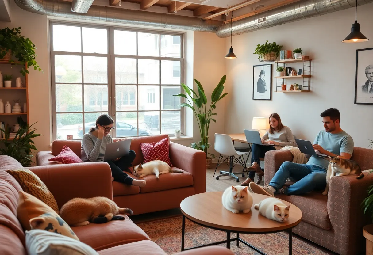 Interior of Whiskers Workplace featuring cats and people working together